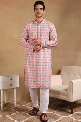 Men orange viscose rayon geometric embroidered straight kurta