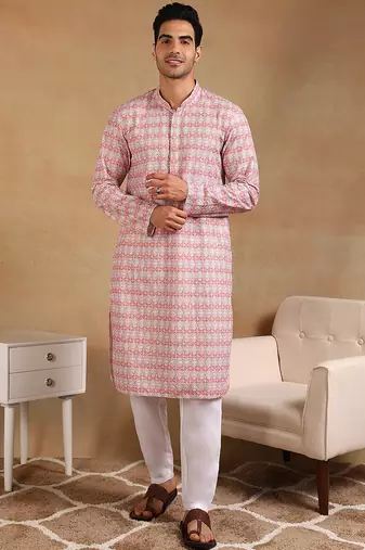 Men orange viscose rayon geometric embroidered straight kurta