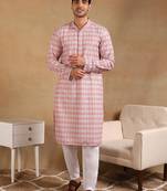Men orange viscose rayon geometric embroidered straight kurta