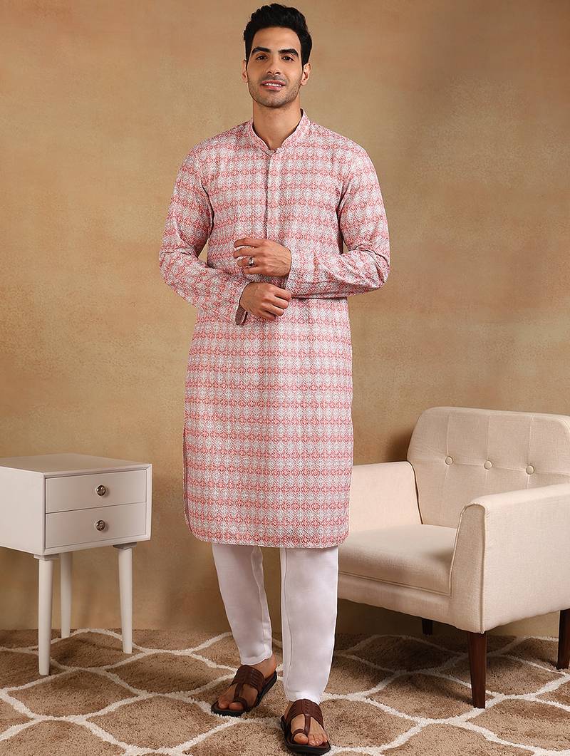 Men orange viscose rayon geometric embroidered straight kurta