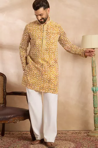 Men yellow viscose rayon batik embroidered straight kurta sets