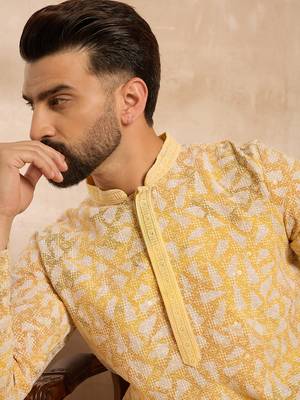 Men yellow viscose rayon solid printed straight kurta sets 1