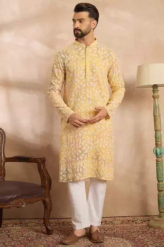 Men yellow viscose rayon solid printed straight kurta sets
