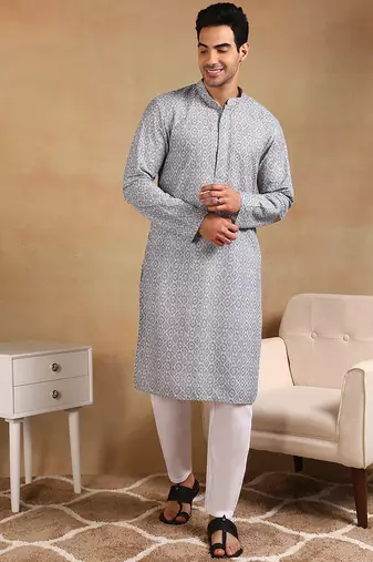 Men grey viscose rayon ethnic motifs embroidered straight kurta
