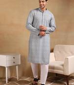 Men grey viscose rayon ethnic motifs embroidered straight kurta