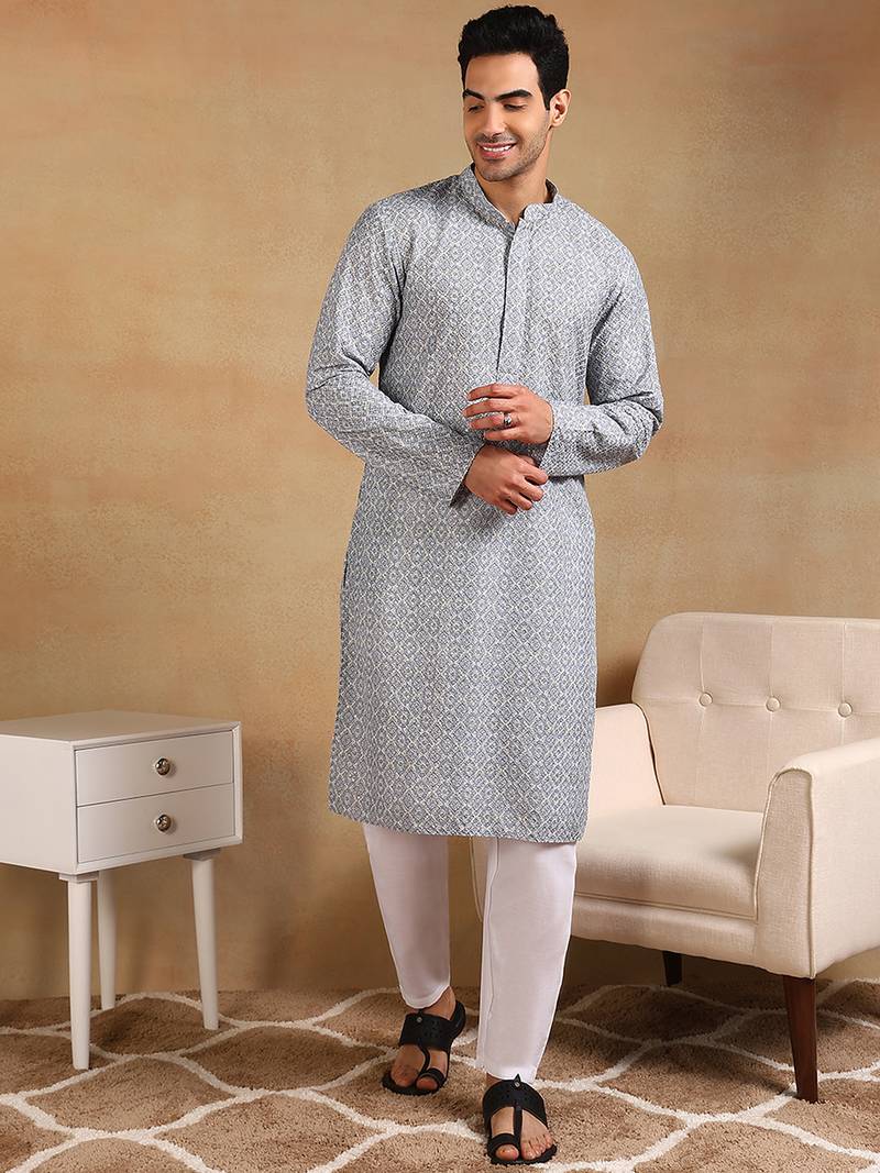 Men grey viscose rayon ethnic motifs embroidered straight kurta