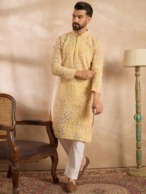 Men yellow viscose rayon solid printed straight kurta sets 3