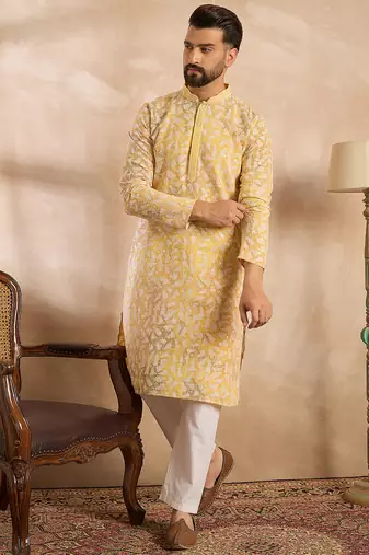 Men yellow viscose rayon solid printed straight kurta sets