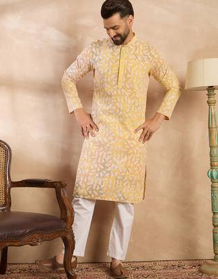 Men yellow viscose rayon solid printed straight kurta sets 5