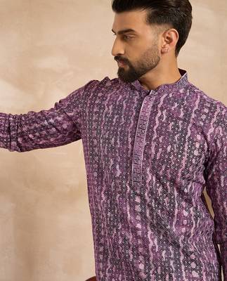 Men purple viscose rayon solid printed straight kurta sets 1