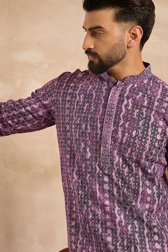 Men purple viscose rayon solid printed straight kurta sets