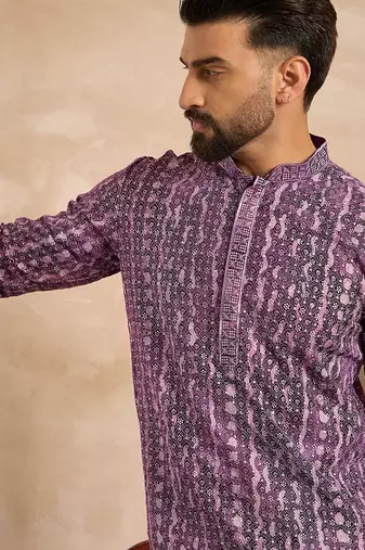 Men purple viscose rayon solid printed straight kurta sets