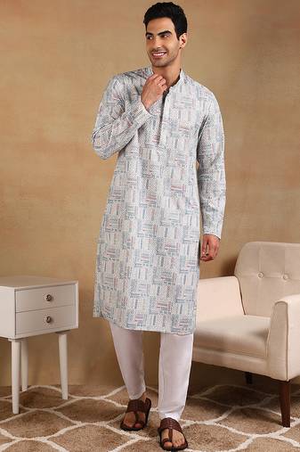 Men white viscose rayon tribal embroidered straight kurta