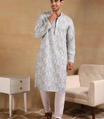Men white viscose rayon tribal embroidered straight kurta