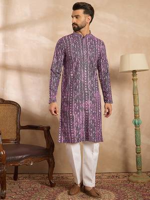 Men purple viscose rayon solid printed straight kurta sets 2