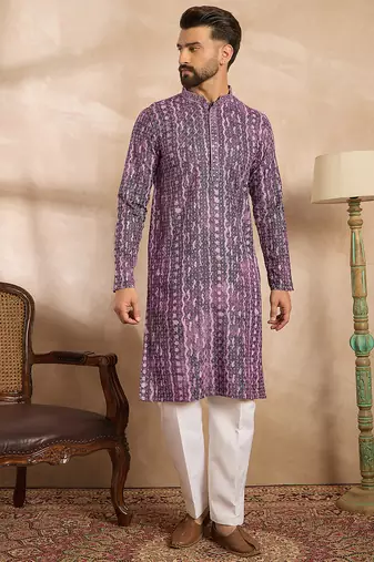 Men purple viscose rayon solid printed straight kurta sets