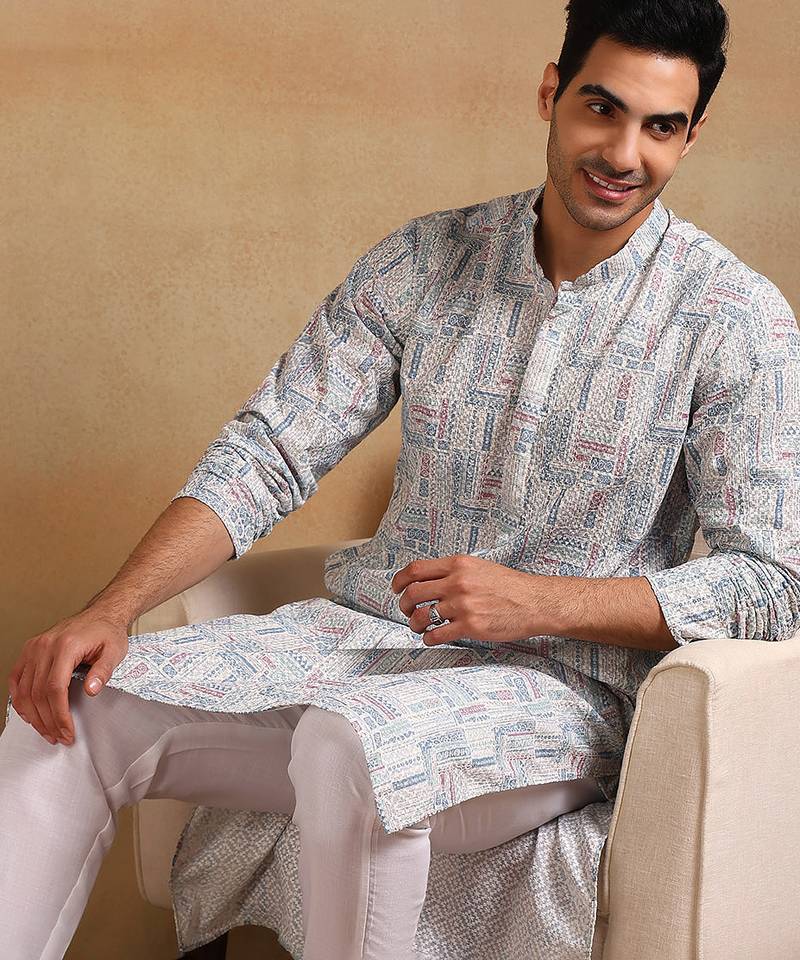 Men white viscose rayon tribal embroidered straight kurta