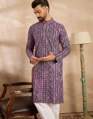 Men purple viscose rayon solid printed straight kurta sets 3