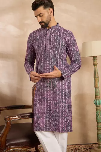 Men purple viscose rayon solid printed straight kurta sets