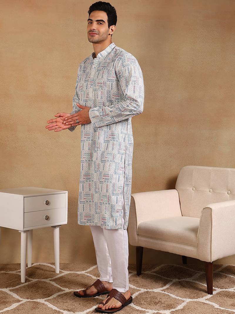 Men white viscose rayon tribal embroidered straight kurta