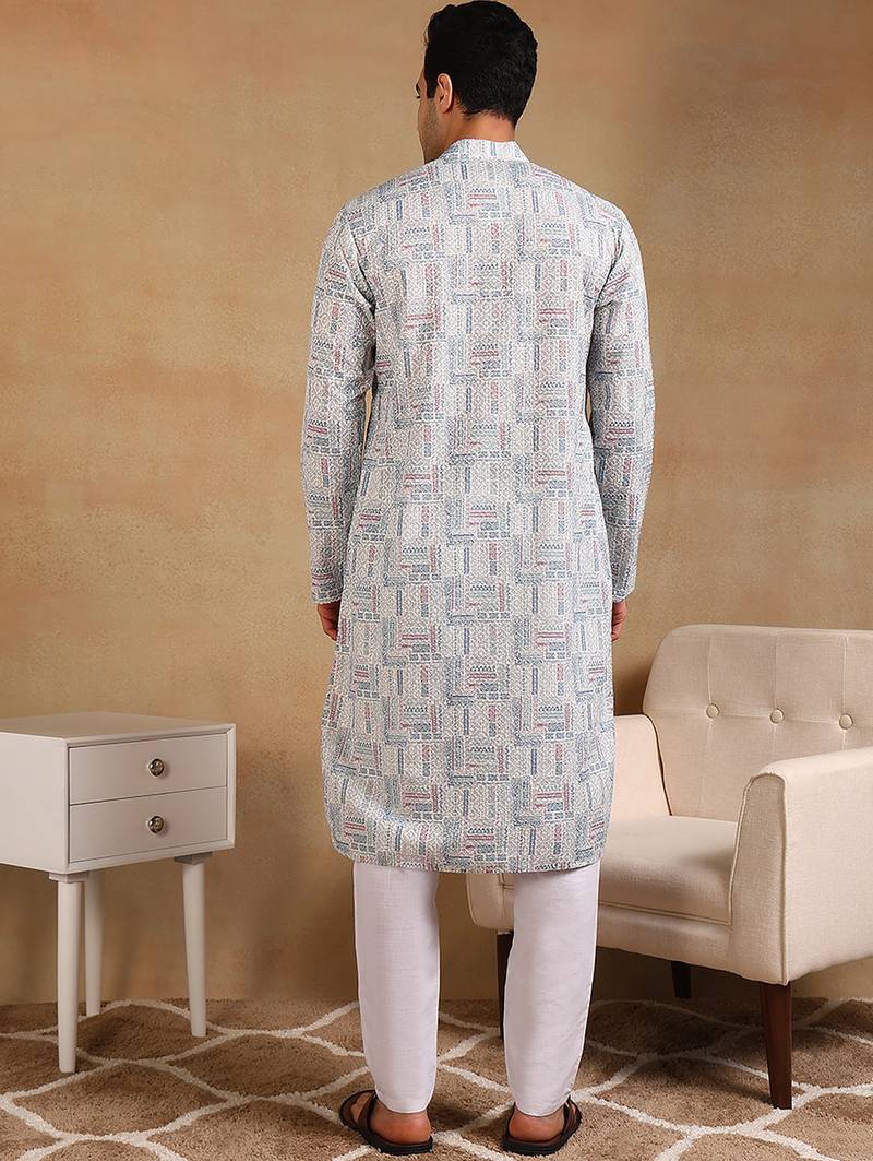Men white viscose rayon tribal embroidered straight kurta