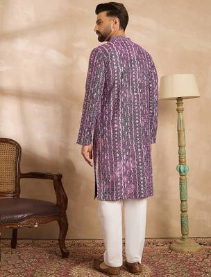 Men purple viscose rayon solid printed straight kurta sets 4