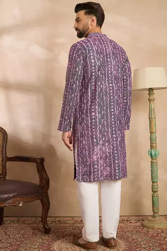 Men purple viscose rayon solid printed straight kurta sets