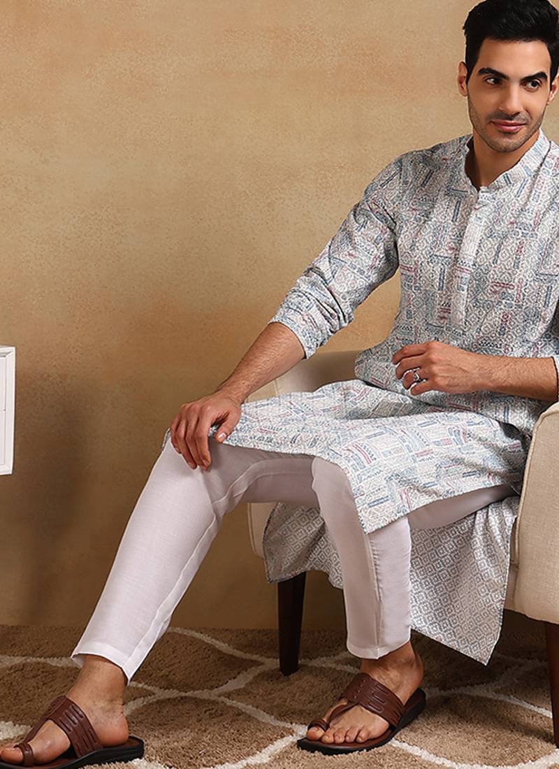 Men white viscose rayon tribal embroidered straight kurta