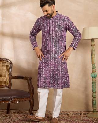 Men purple viscose rayon solid printed straight kurta sets 5