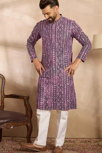 Men purple viscose rayon solid printed straight kurta sets