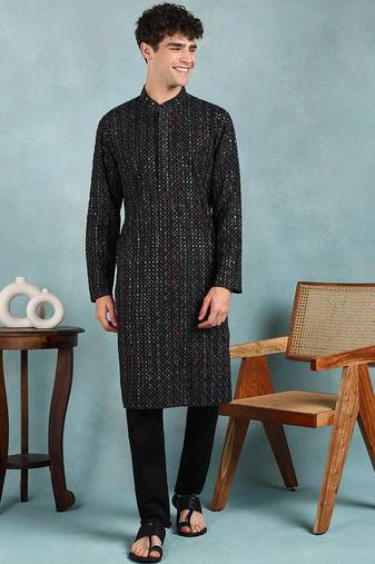 Men black viscose rayon ethnic motifs embroidered straight kurta