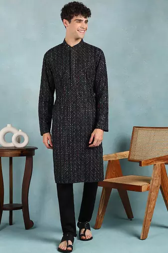 Men black viscose rayon ethnic motifs embroidered straight kurta