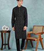 Men black viscose rayon ethnic motifs embroidered straight kurta