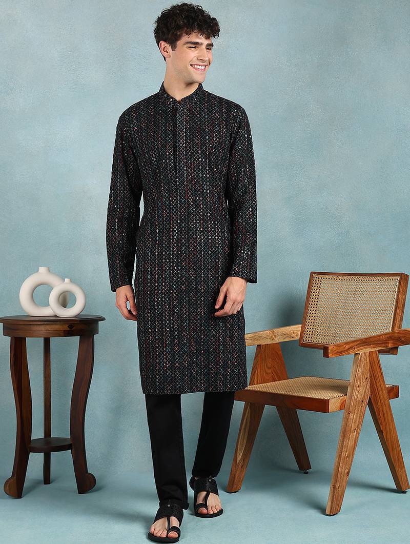 Men black viscose rayon ethnic motifs embroidered straight kurta