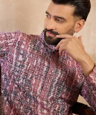 Men brown viscose rayon solid printed straight kurta sets 1