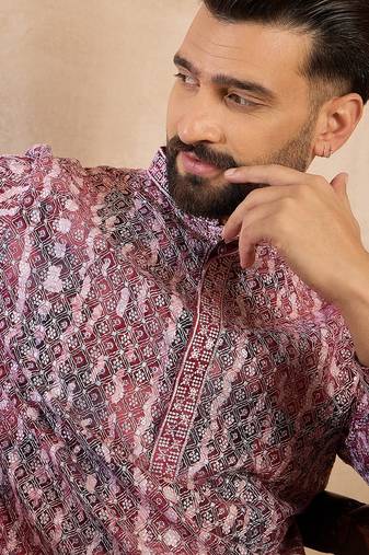 Men brown viscose rayon solid printed straight kurta sets