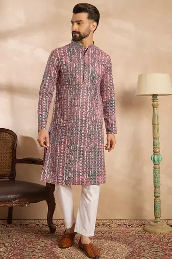 Men brown viscose rayon solid printed straight kurta sets