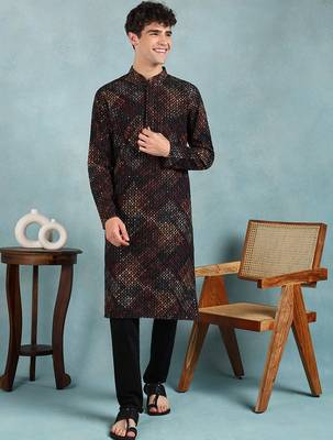 Men black viscose rayon ethnic motifs embroidered straight kurta 1