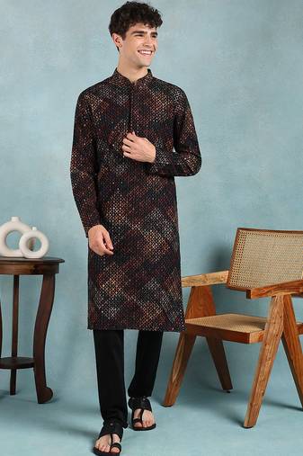 Men black viscose rayon ethnic motifs embroidered straight kurta