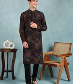 Men black viscose rayon ethnic motifs embroidered straight kurta