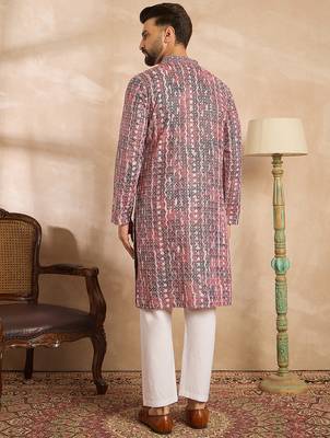 Men brown viscose rayon solid printed straight kurta sets 4