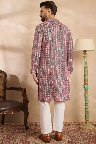 Men brown viscose rayon solid printed straight kurta sets