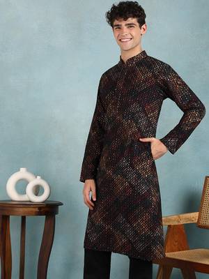 Men black viscose rayon ethnic motifs embroidered straight kurta 2