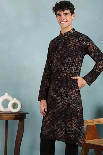 Men black viscose rayon ethnic motifs embroidered straight kurta