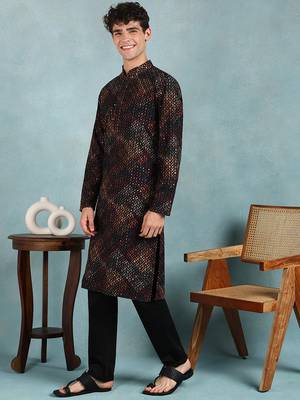 Men black viscose rayon ethnic motifs embroidered straight kurta 3