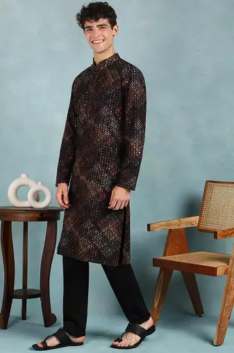 Men black viscose rayon ethnic motifs embroidered straight kurta