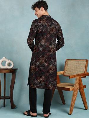 Men black viscose rayon ethnic motifs embroidered straight kurta 4