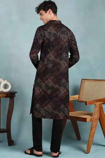 Men black viscose rayon ethnic motifs embroidered straight kurta