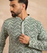 Men green silk blend solid embroidered straight kurta sets