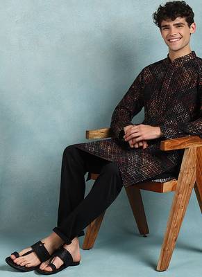 Men black viscose rayon ethnic motifs embroidered straight kurta 5